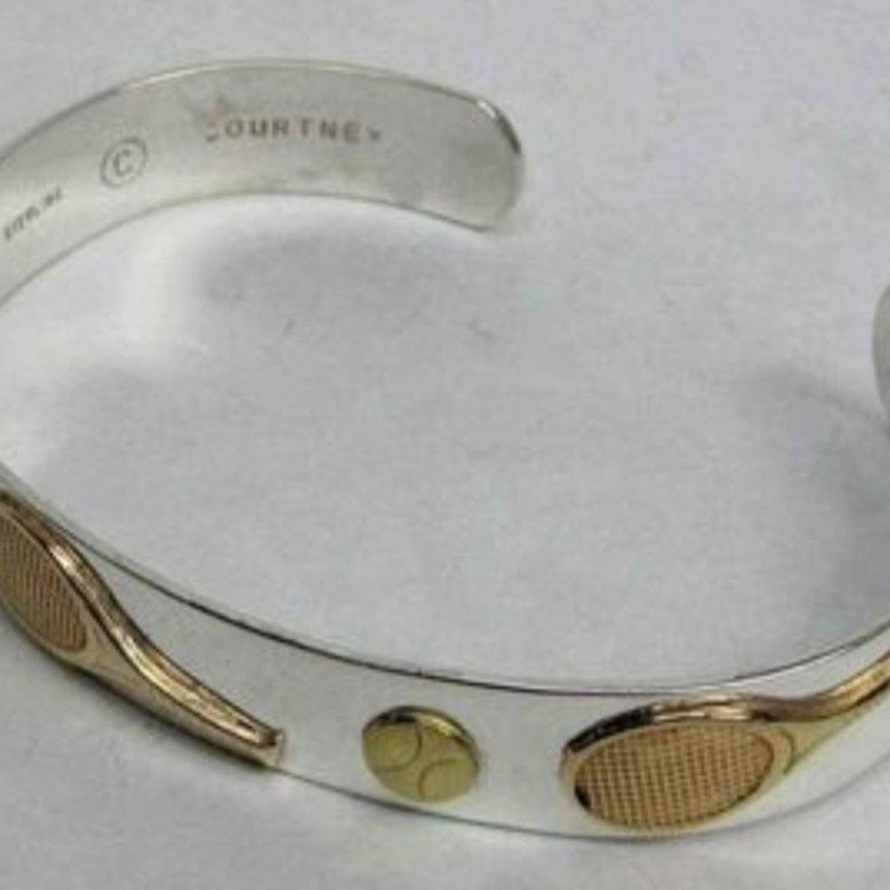 Handcrafted Sterling Silver w/Gold Plate Detail-Tennis Racket/ball cuff bracelet